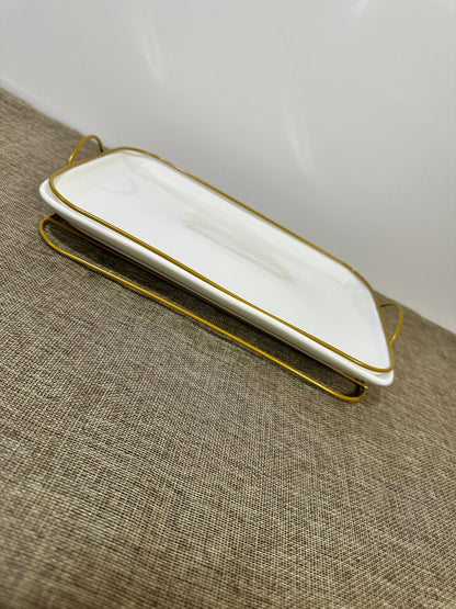 Rectangle Porcelain Serving Tray with Golden Iron Stand - Diqqawi Plates