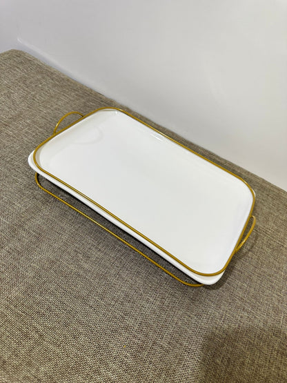Rectangle Porcelain Serving Tray with Golden Iron Stand - Diqqawi Plates