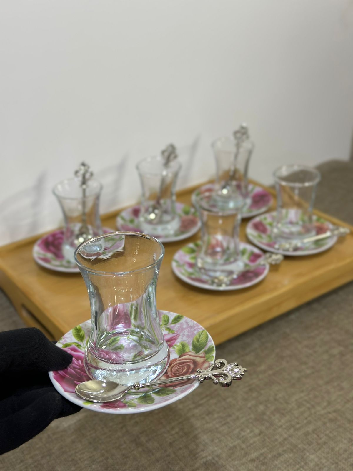 Glass Tea Cup (100ml) with Porcelain Plate & Silver Tea Spoon - Diqqawi Plates