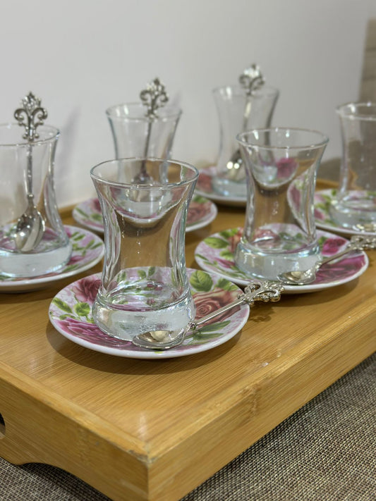 Glass Tea Cup (100ml) with Porcelain Plate & Silver Tea Spoon - Diqqawi Plates