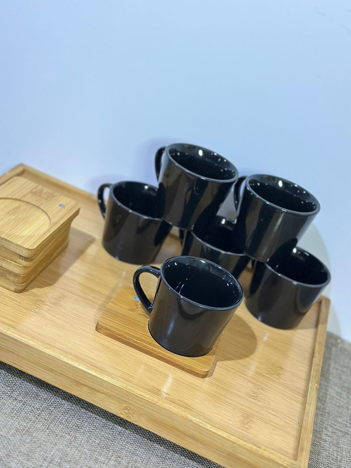 Black Porcelain Tea Cup (190ml) with Bamboo Wooden Plate - Diqqawi Plates