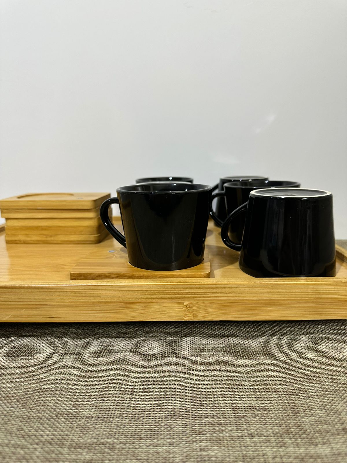 Black Porcelain Tea Cup (190ml) with Bamboo Wooden Plate - Diqqawi Plates