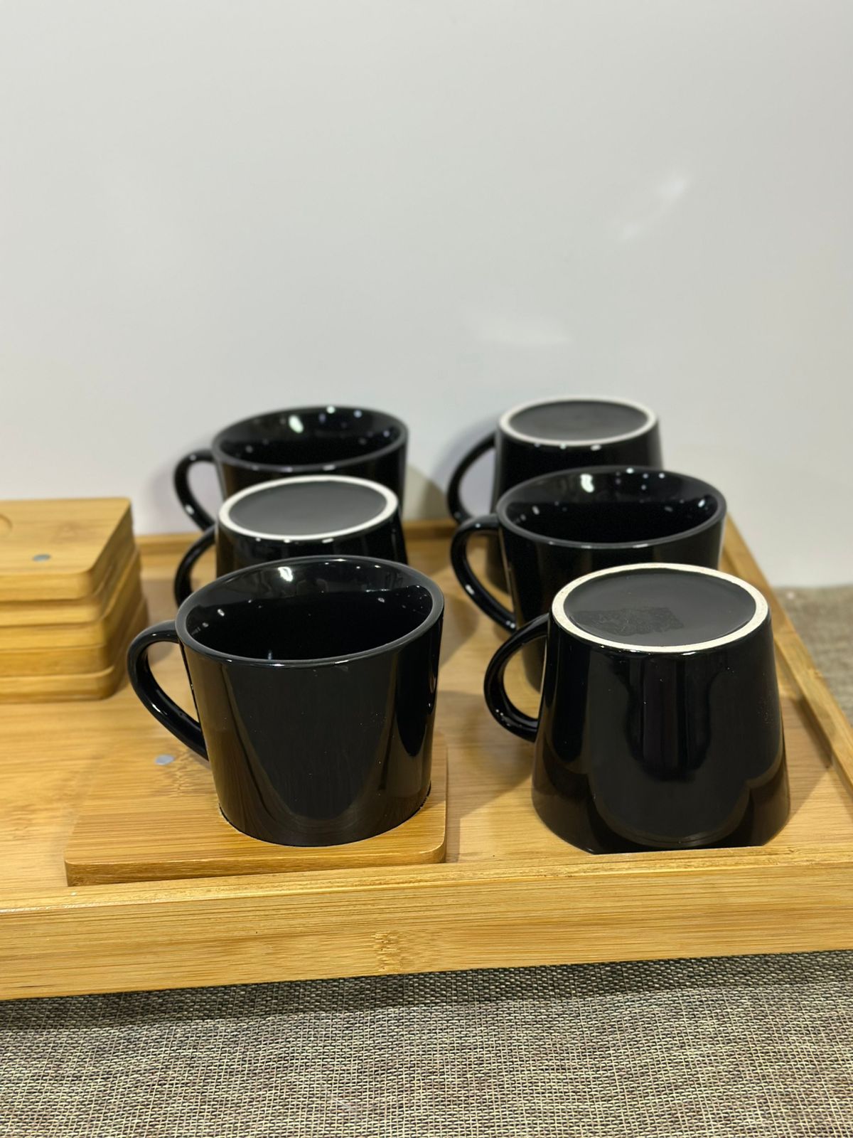 Black Porcelain Tea Cup (190ml) with Bamboo Wooden Plate - Diqqawi Plates