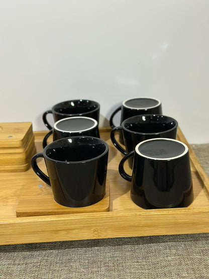 Black Porcelain Tea Cup (190ml) with Bamboo Wooden Plate - Diqqawi Plates