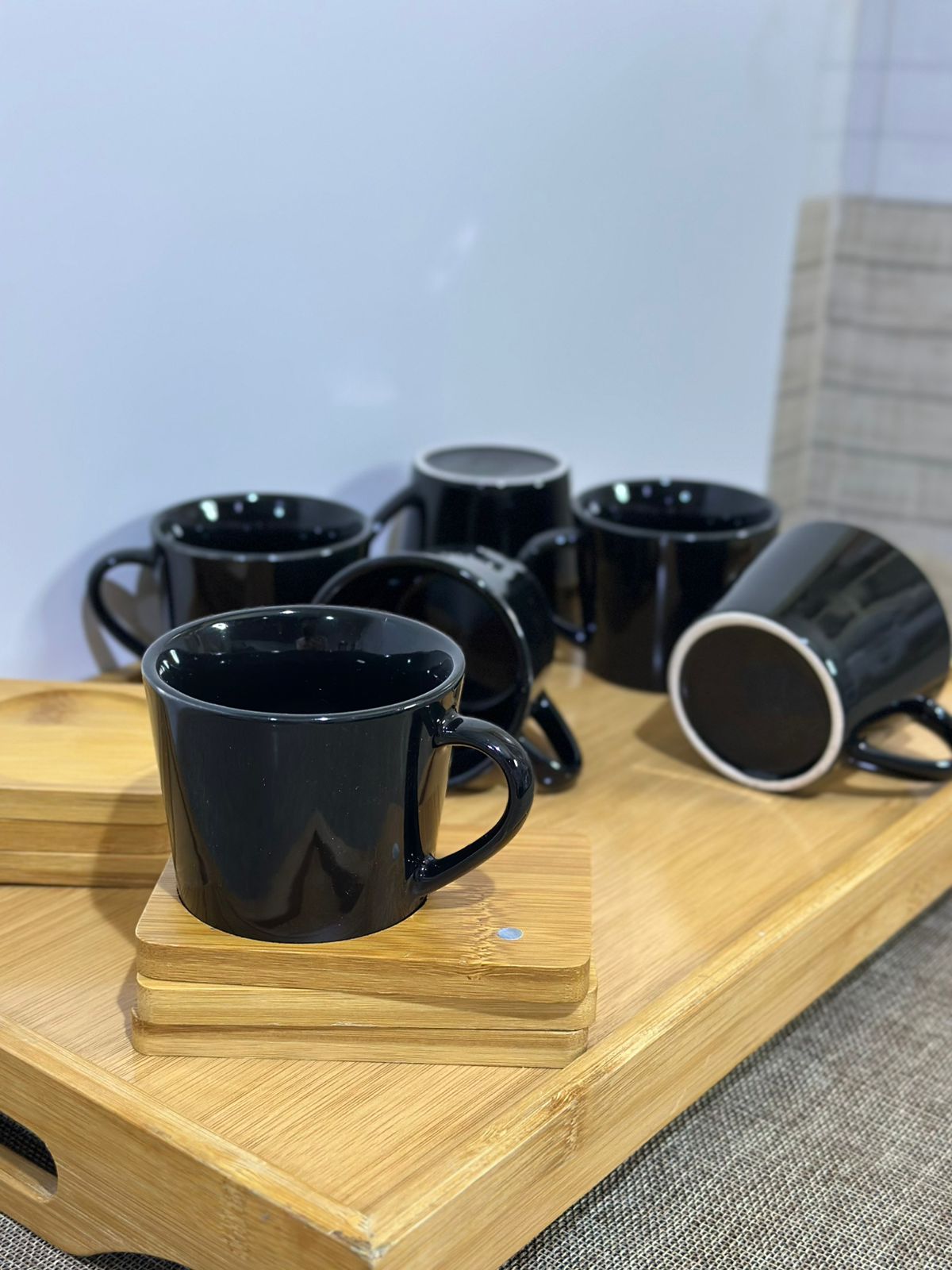 Black Porcelain Tea Cup (190ml) with Bamboo Wooden Plate - Diqqawi Plates
